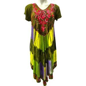 NF Tie Dye Embroidered Midi Dress Women One Size Green Boho Festival Beach